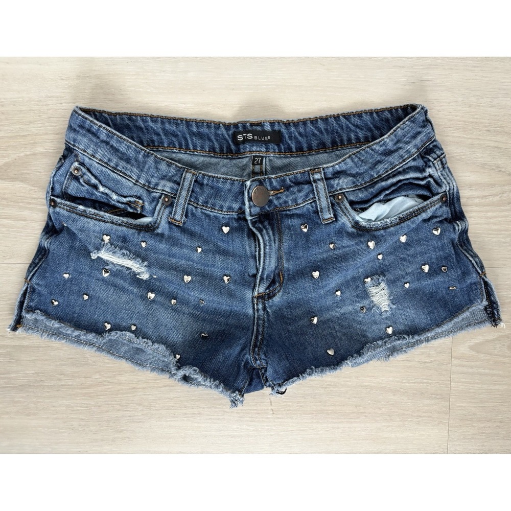 STS Blue Women's Denim Cut Off Shorts Blue Heart Studded 5-Pocket Size 28